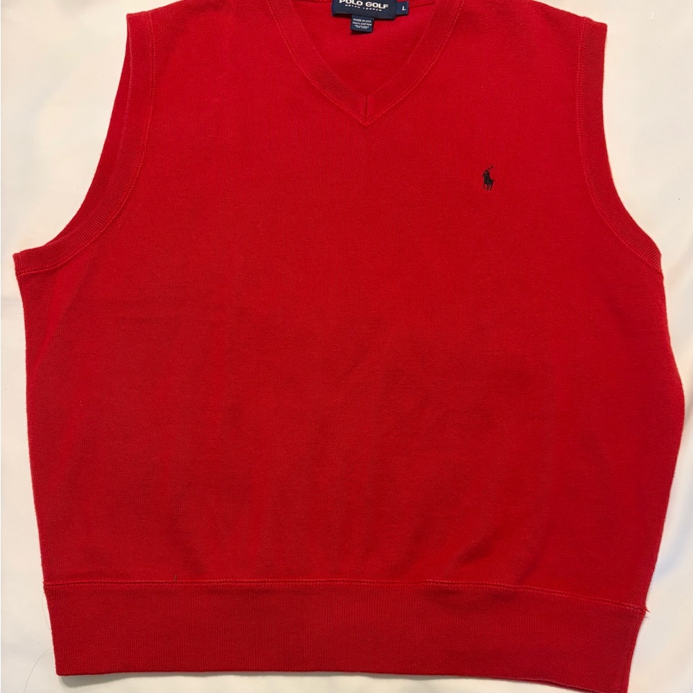 Polo Golf Ralph Lauren Red V Neck Sweater Vest Men's L Made in USA Cotton